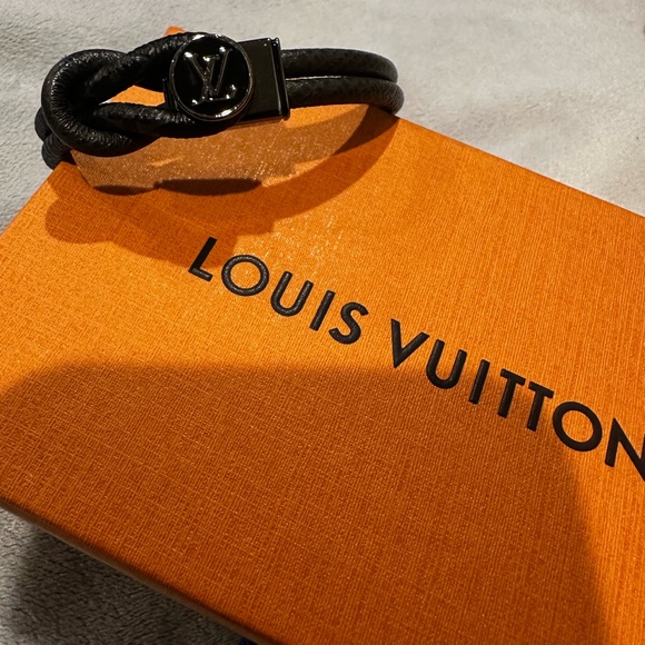 Louis Vuitton Black Leather Bracelet with Silver Accent